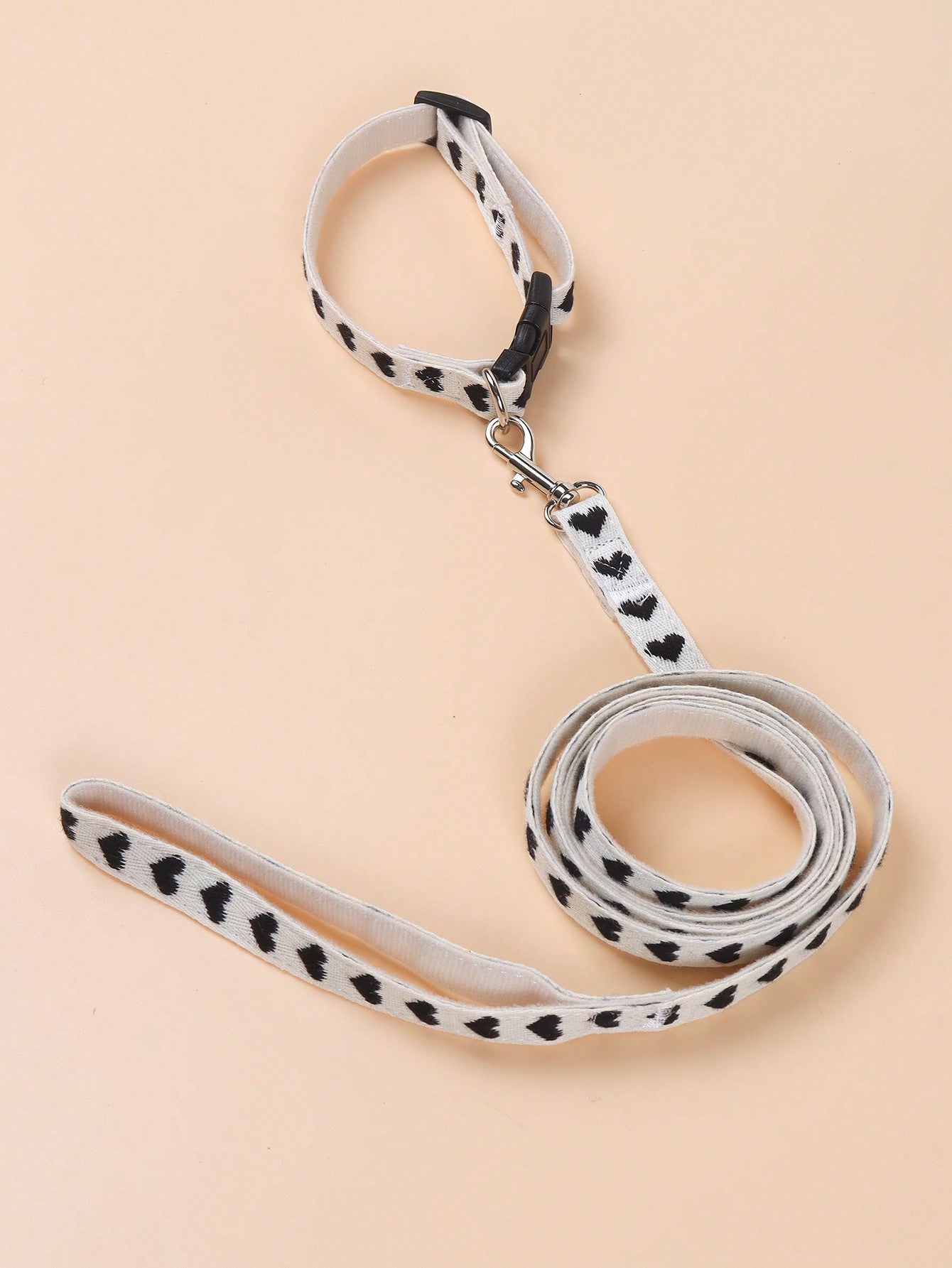 Black polyester 3-piece pet collar, harness, and leash set with heart pattern for small dogs and cats