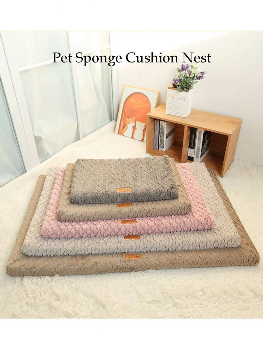 Pink memory foam pet bed cushion with removable polyester cover for cats and dogs.