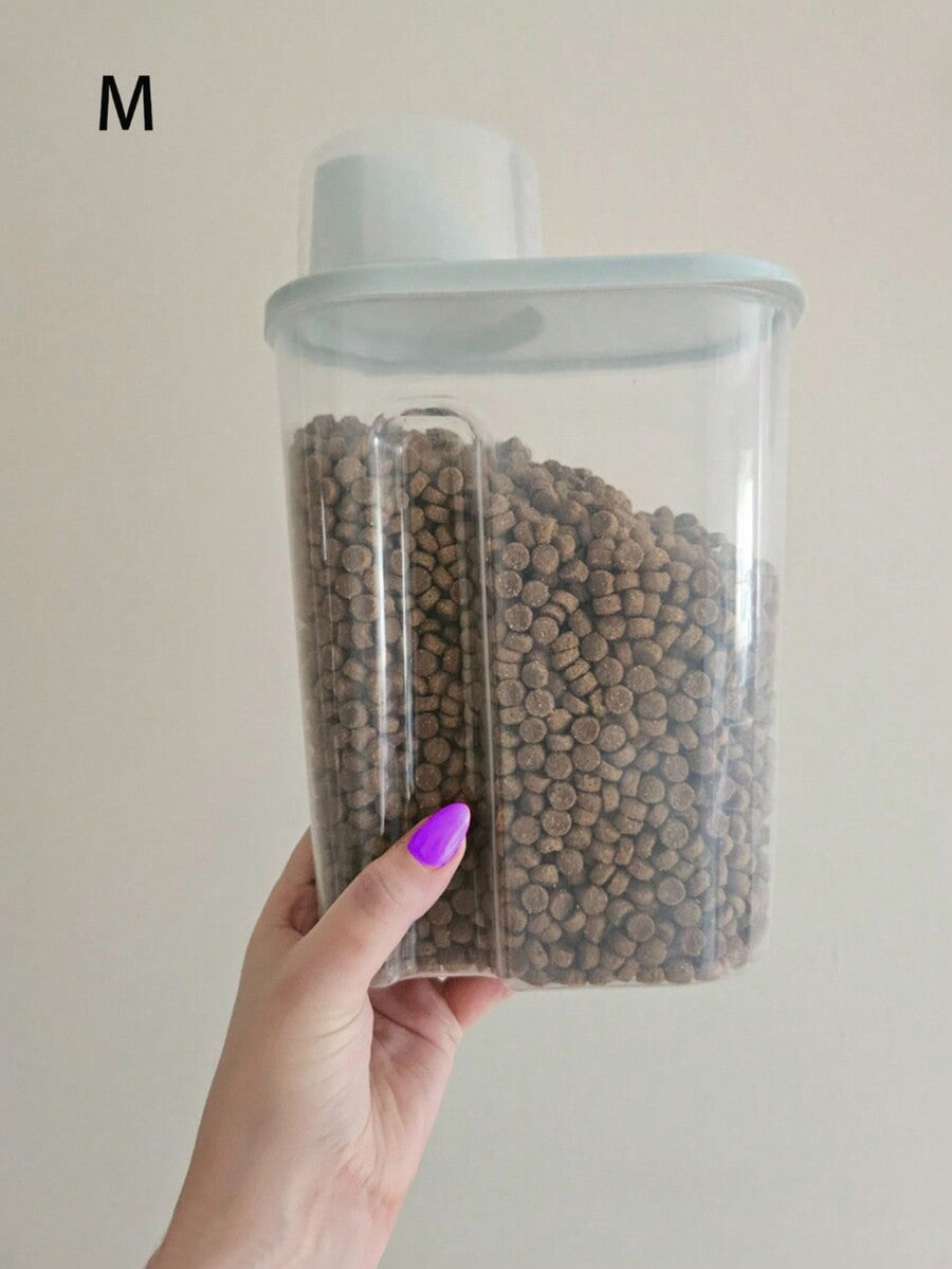 Grey sealed plastic pet food storage bin for storing cat and dog food and snacks.