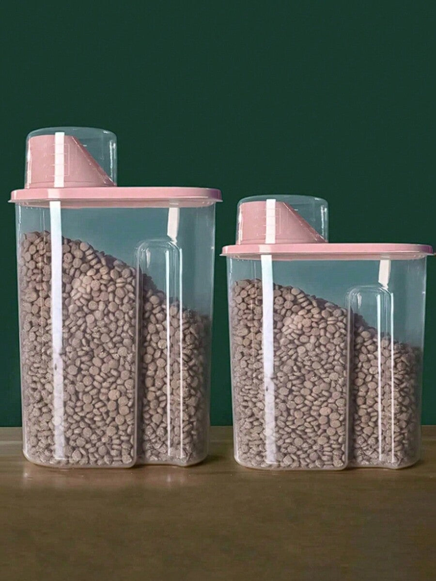 Grey sealed plastic pet food storage bin for storing cat and dog food and snacks.
