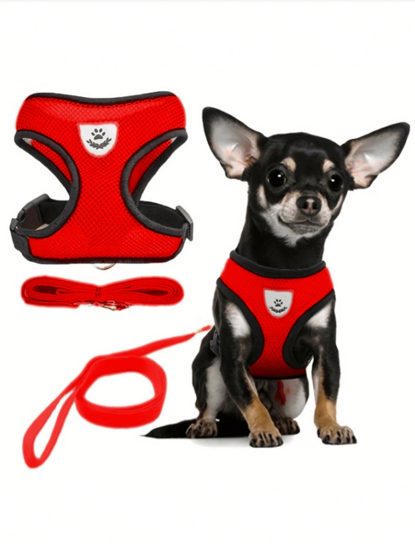 Pet cat and dog leash set with adjustable escape-proof harness, reflective safety strap, collar, and soft breathable polyester mesh
