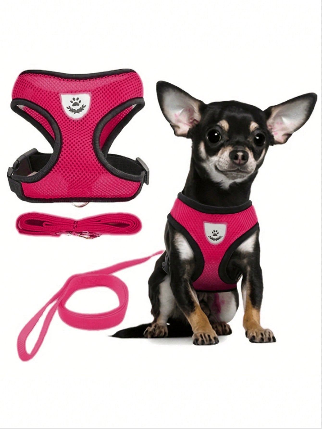 Pet cat and dog leash set with adjustable escape-proof harness, reflective safety strap, collar, and soft breathable polyester mesh