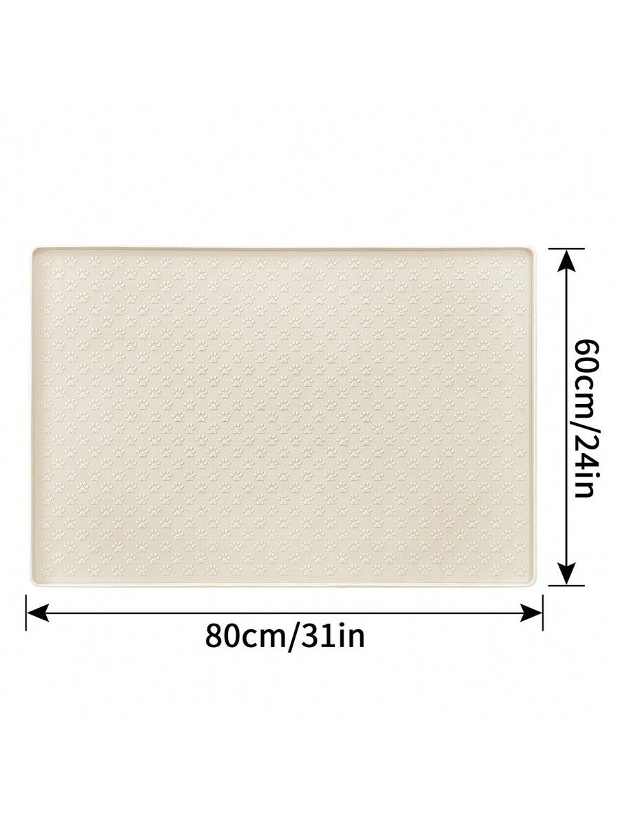 Beige silicone pet placemat with paw detail designed for cat and dog food and water bowls