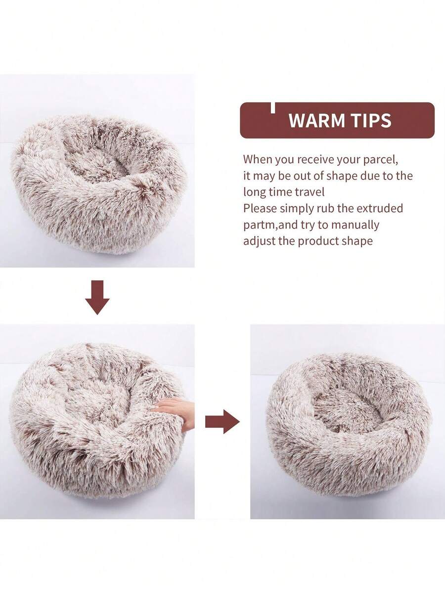 Champagne plush round pet bed for small and medium cats and dogs made from soft polyester material.
