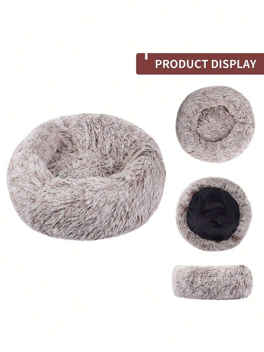 Champagne plush round pet bed for small and medium cats and dogs made from soft polyester material.