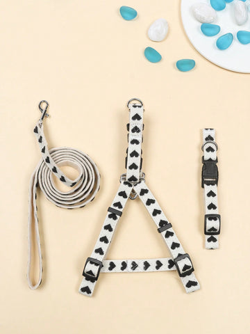 Pink polyester pet collar, harness and leash 3-piece set with geometric heart pattern for cats and small dogs