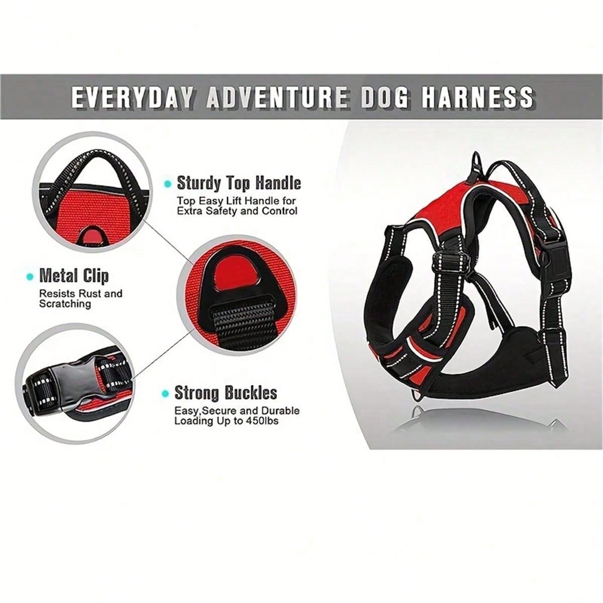 Multicolor polyester no-pull dog harness vest with reflective details, soft padding, 2 leash clips, adjustable straps, and easy control handle for dogs