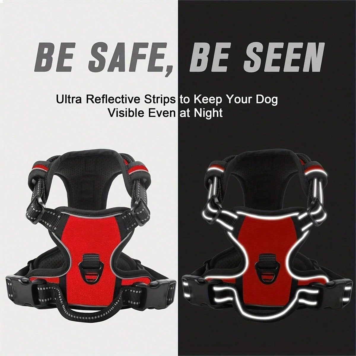 Multicolor polyester no-pull dog harness vest with reflective details, soft padding, 2 leash clips, adjustable straps, and easy control handle for dogs