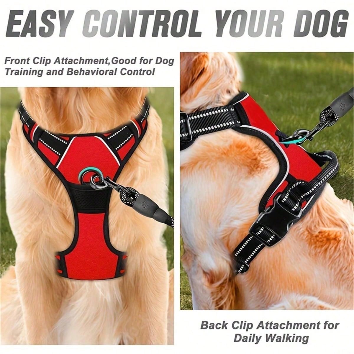 Multicolor polyester no-pull dog harness vest with reflective details, soft padding, 2 leash clips, adjustable straps, and easy control handle for dogs
