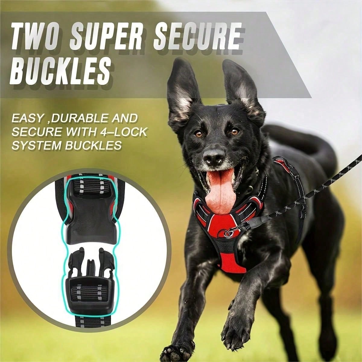 Multicolor polyester no-pull dog harness vest with reflective details, soft padding, 2 leash clips, adjustable straps, and easy control handle for dogs