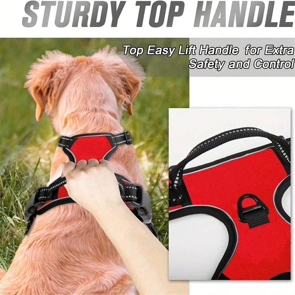 Multicolor polyester no-pull dog harness vest with reflective details, soft padding, 2 leash clips, adjustable straps, and easy control handle for dogs