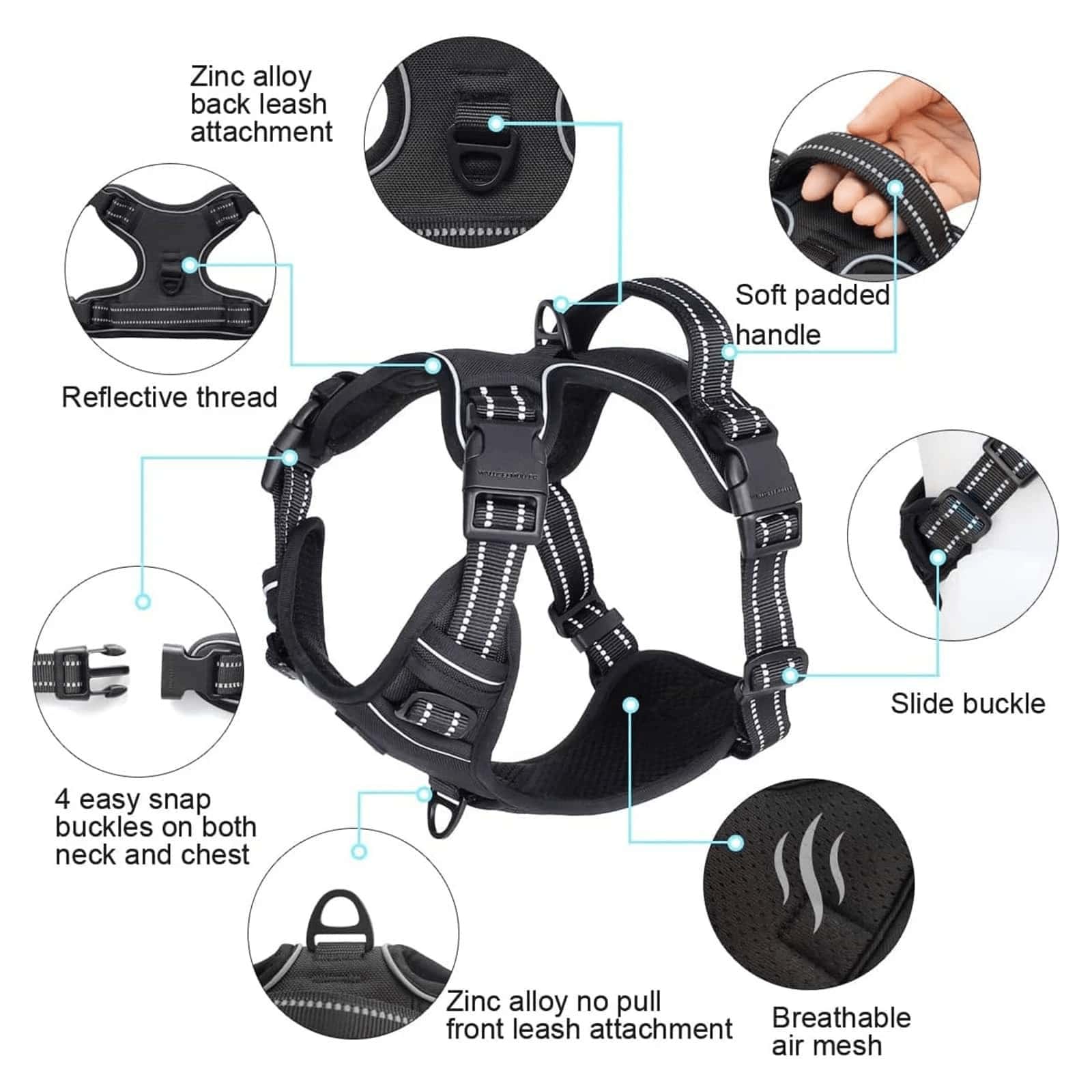 Multicolor polyester no-pull dog harness vest with reflective details, soft padding, 2 leash clips, adjustable straps, and easy control handle for dogs