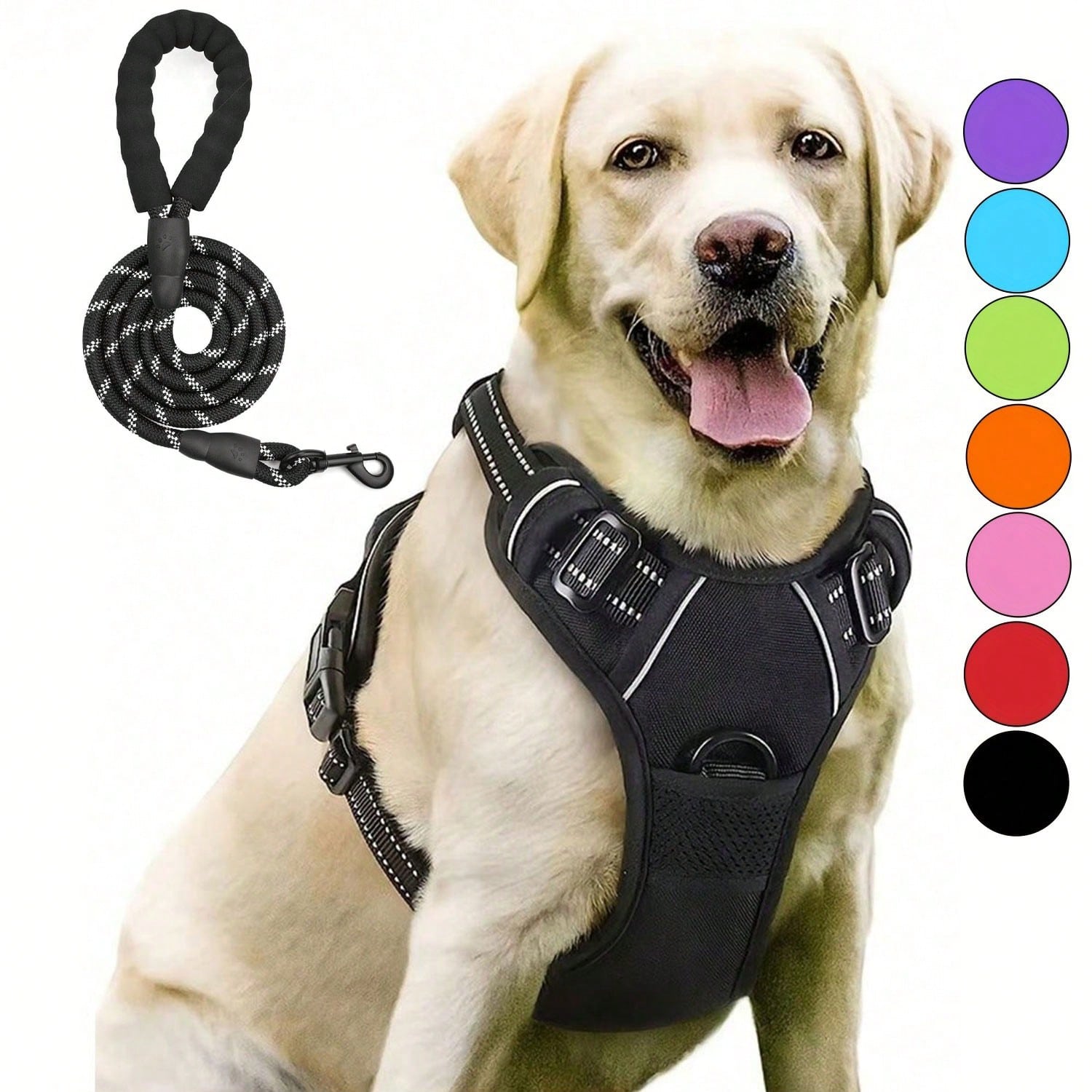 Multicolor polyester no-pull dog harness vest with reflective details, soft padding, 2 leash clips, adjustable straps, and easy control handle for dogs