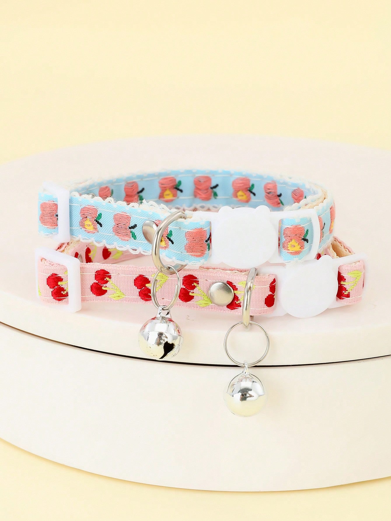 Multicolor adjustable pet collar with embroidered apple or cherry fruit pattern, buckle closure, and bell for cats and small dogs