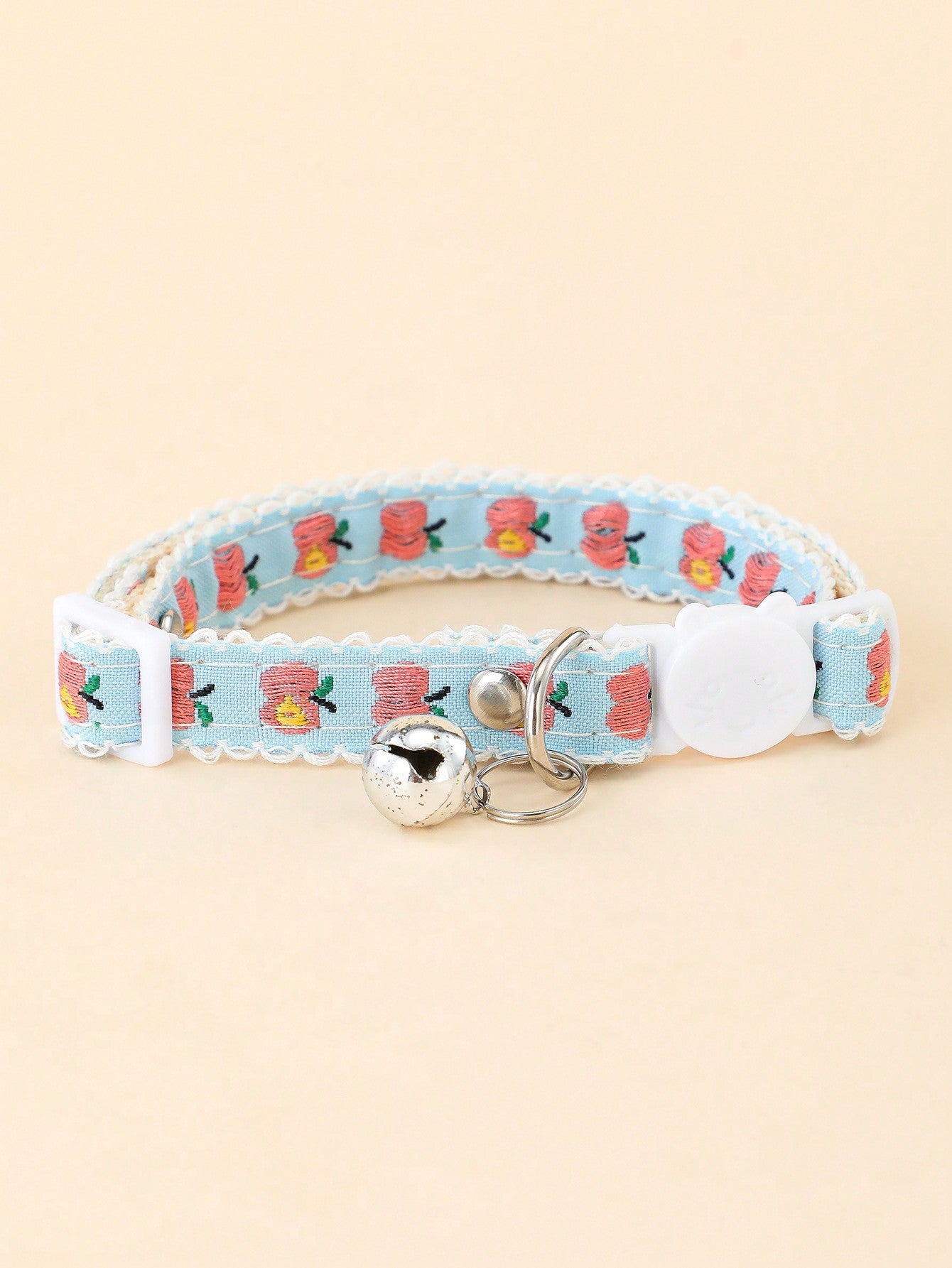 Multicolor adjustable pet collar with embroidered apple or cherry fruit pattern, buckle closure, and bell for cats and small dogs