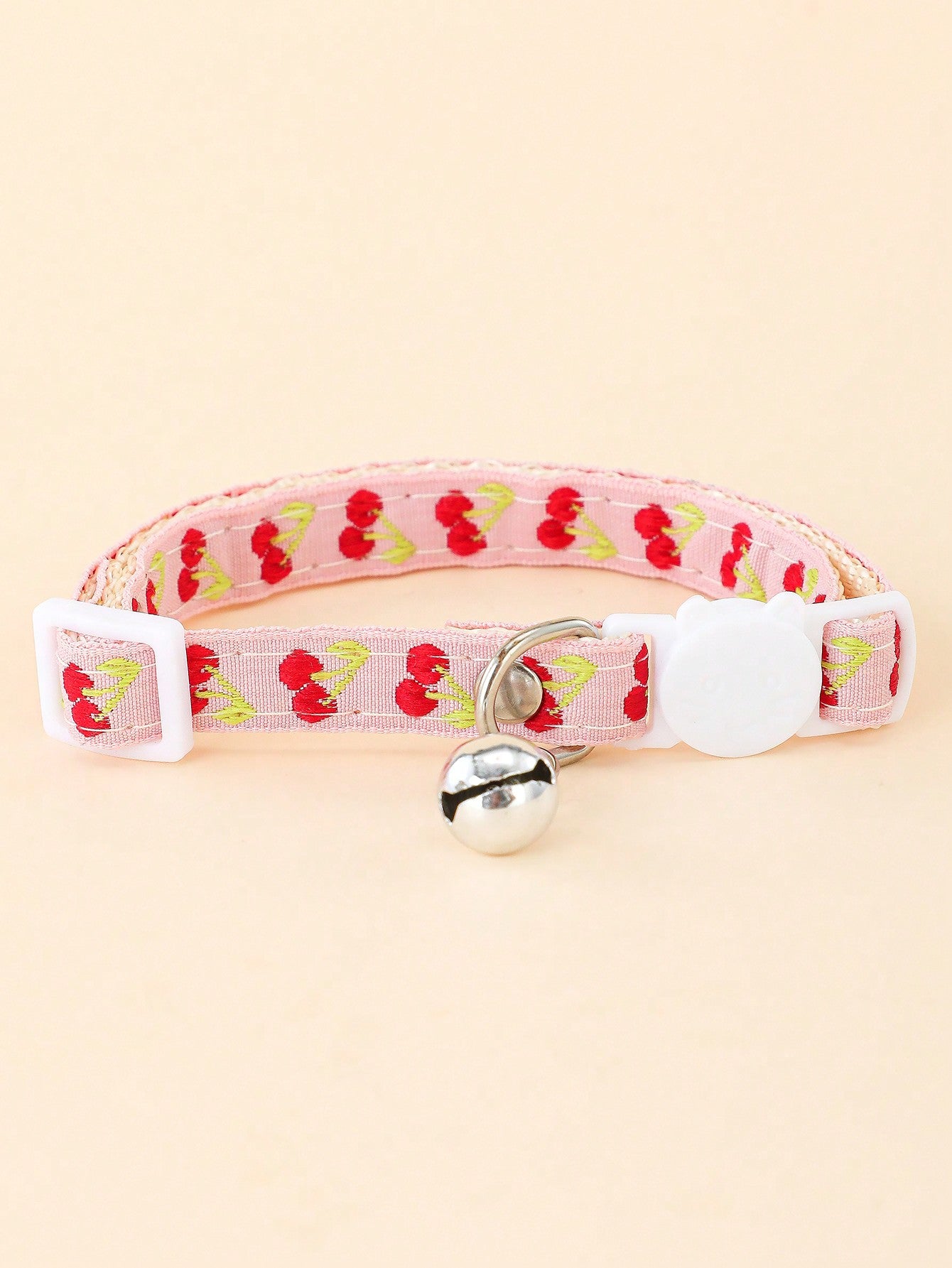 Multicolor adjustable pet collar with embroidered apple or cherry fruit pattern, buckle closure, and bell for cats and small dogs