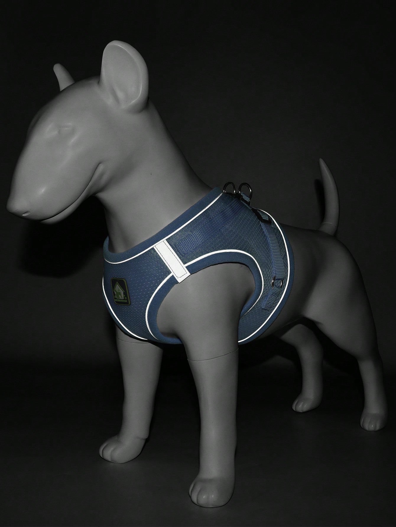 Blue polyester pet chest and back harness with matching leash, breathable mesh fabric, and reflective strips for cats and dogs during outdoor or nighttime walks.