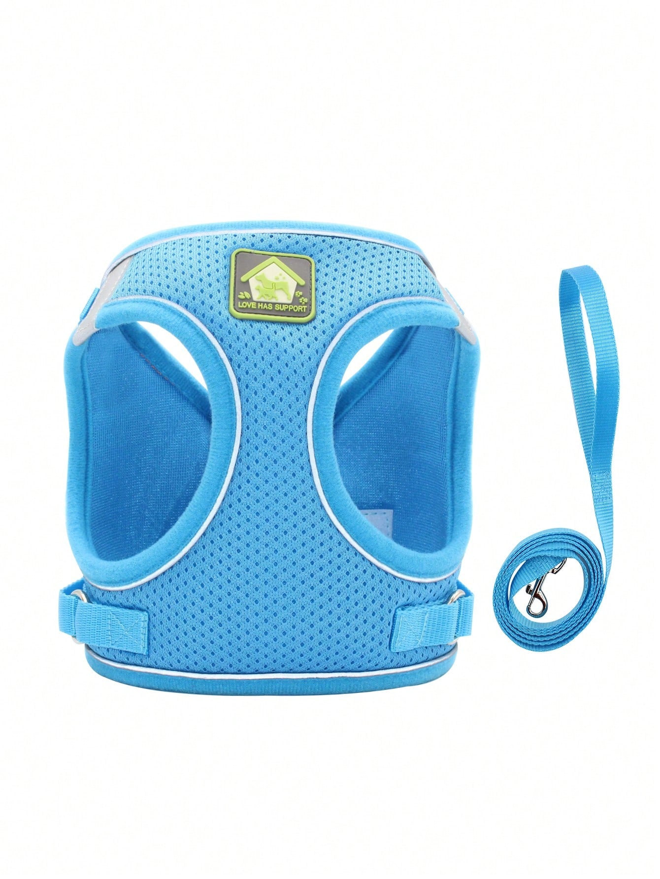 Blue polyester pet chest and back harness with matching leash, breathable mesh fabric, and reflective strips for cats and dogs during outdoor or nighttime walks.