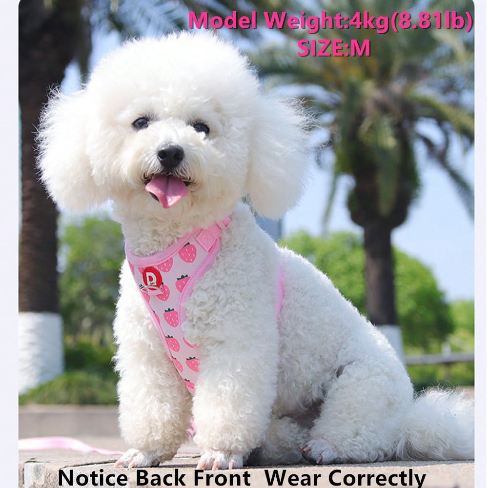 Pink adjustable polyester pet harness and leash set with cartoon pattern for cats and small dogs, designed for outdoor walking.