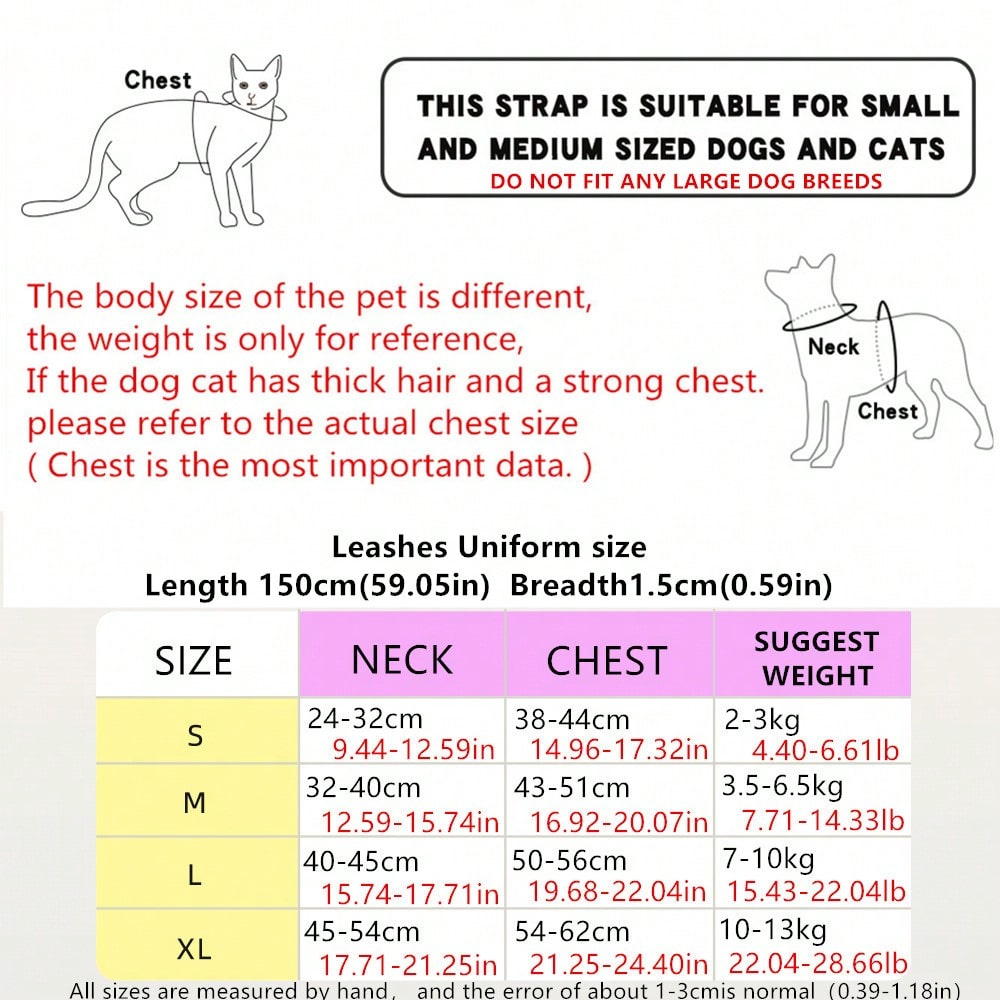 Pink adjustable polyester pet harness and leash set with cartoon pattern for cats and small dogs, designed for outdoor walking.