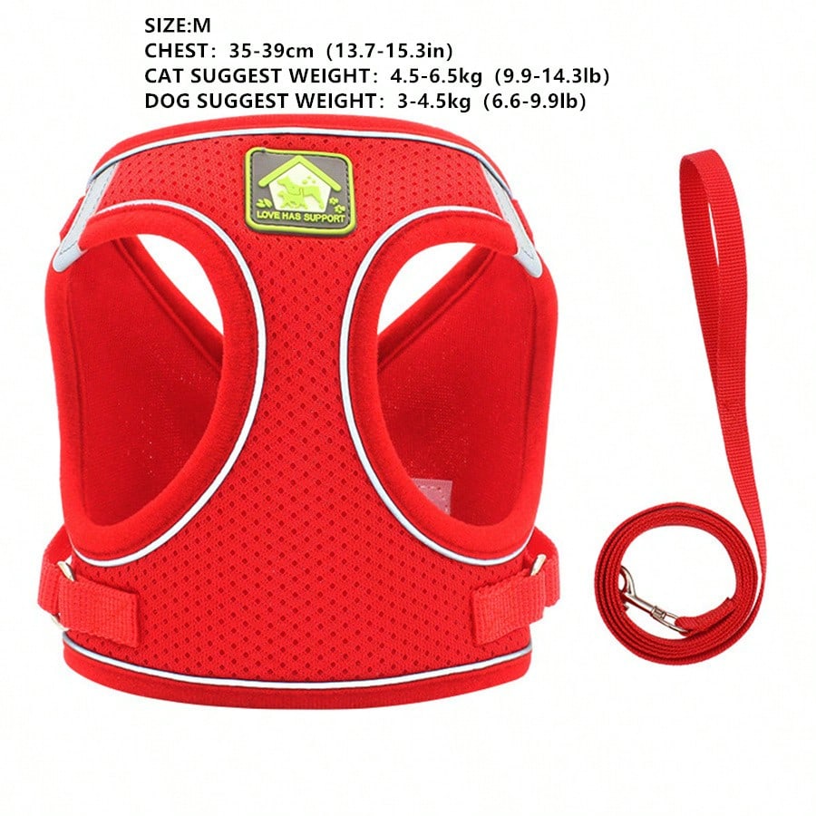 Adjustable vest-style pet harness and leash set for small and medium dogs and cats, made with breathable mesh and reflective stripes for no-pull walking.