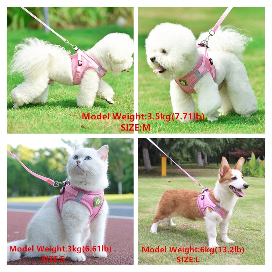 Pink reflective mesh vest-style pet harness with leash for cats and dogs, featuring adjustable chest and back straps for comfortable outdoor walking.