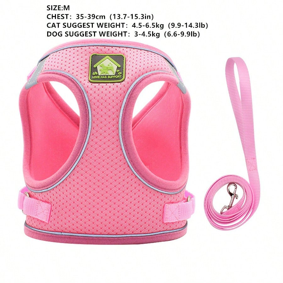Adjustable vest-style pet harness and leash set for small and medium dogs and cats, made with breathable mesh and reflective stripes for no-pull walking.