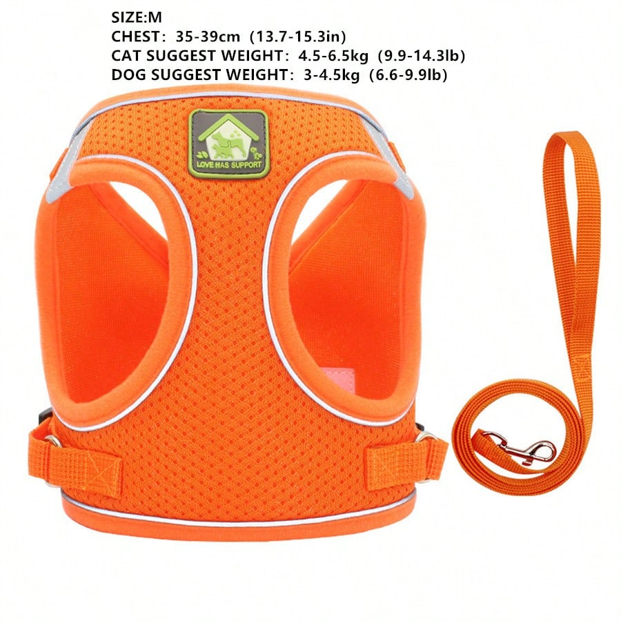 Adjustable vest-style pet harness and leash set for small and medium dogs and cats, made with breathable mesh and reflective stripes for no-pull walking.