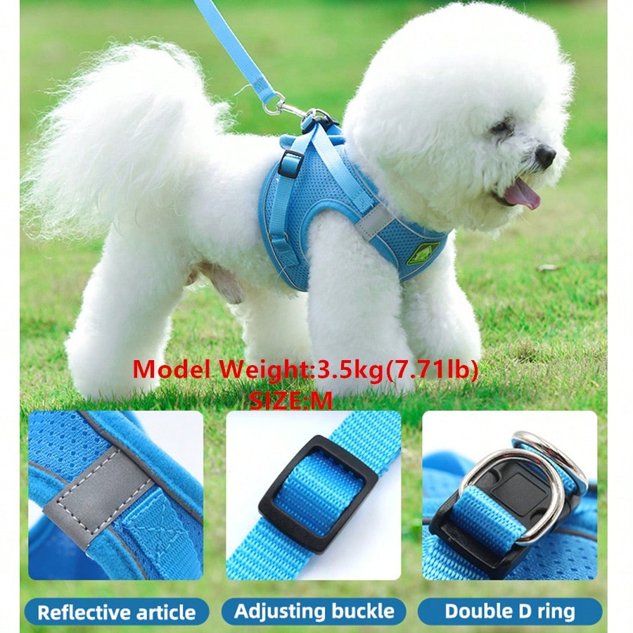 Adjustable vest-style pet harness and leash set for small and medium dogs and cats, made with breathable mesh and reflective stripes for no-pull walking.