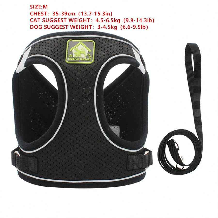 Adjustable vest-style pet harness and leash set for small and medium dogs and cats, made with breathable mesh and reflective stripes for no-pull walking.