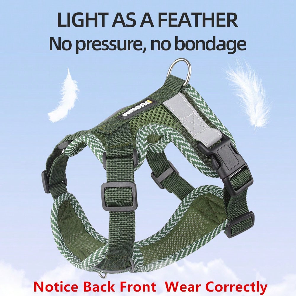 Army green printed pet harness and leash set with breathable mesh, adjustable chest harness, reflective details, and soft polyester design for cats and small dogs.