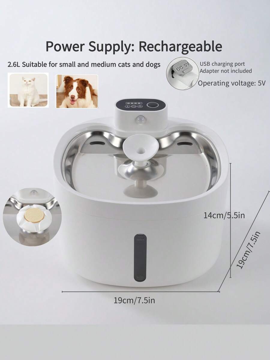 Multicolor 88oz 2.6L wireless automatic cat water fountain with motion sensor and rechargeable battery powered ABS structure.