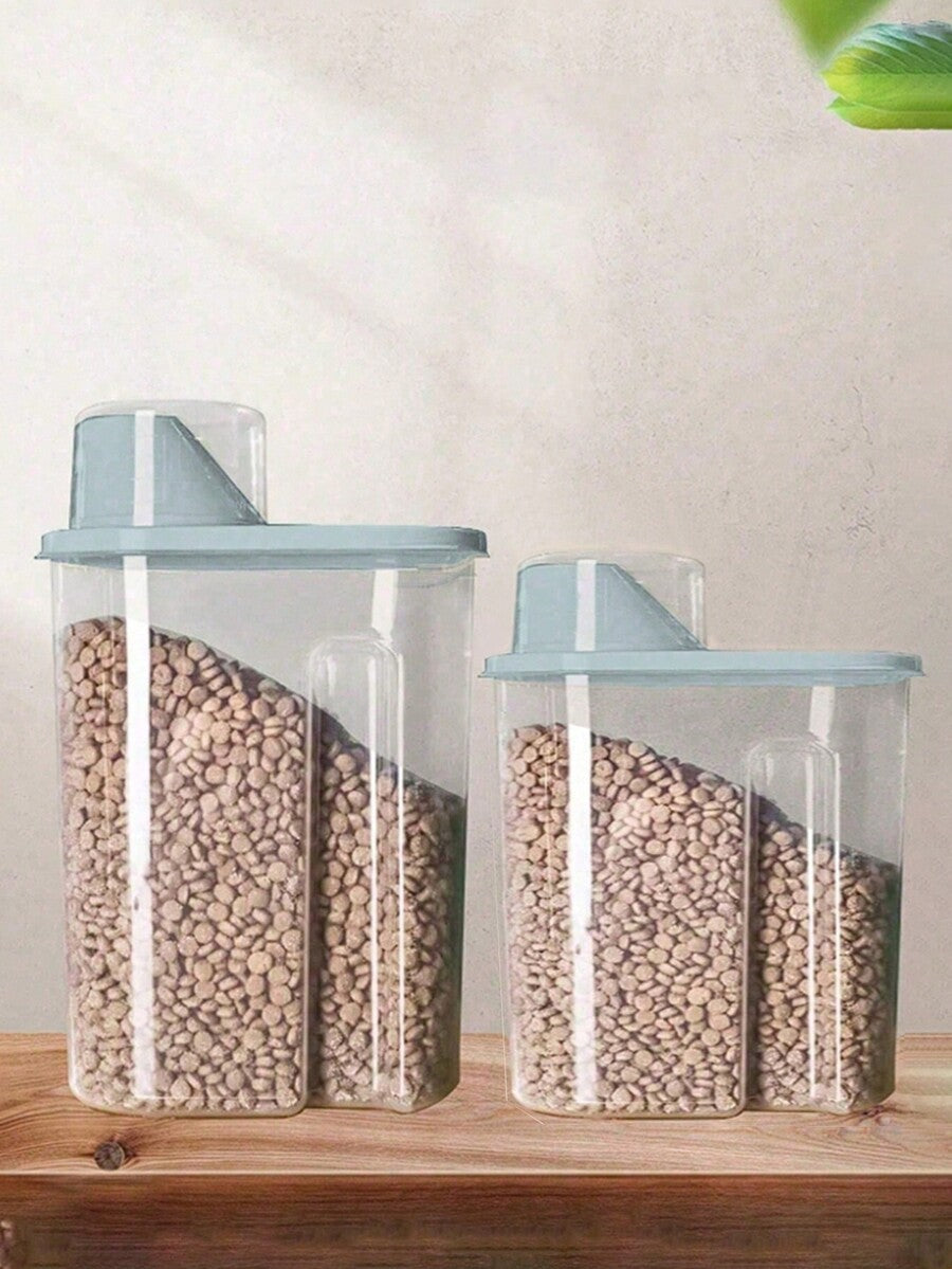 Grey sealed plastic pet food storage bin for storing cat and dog food and snacks.