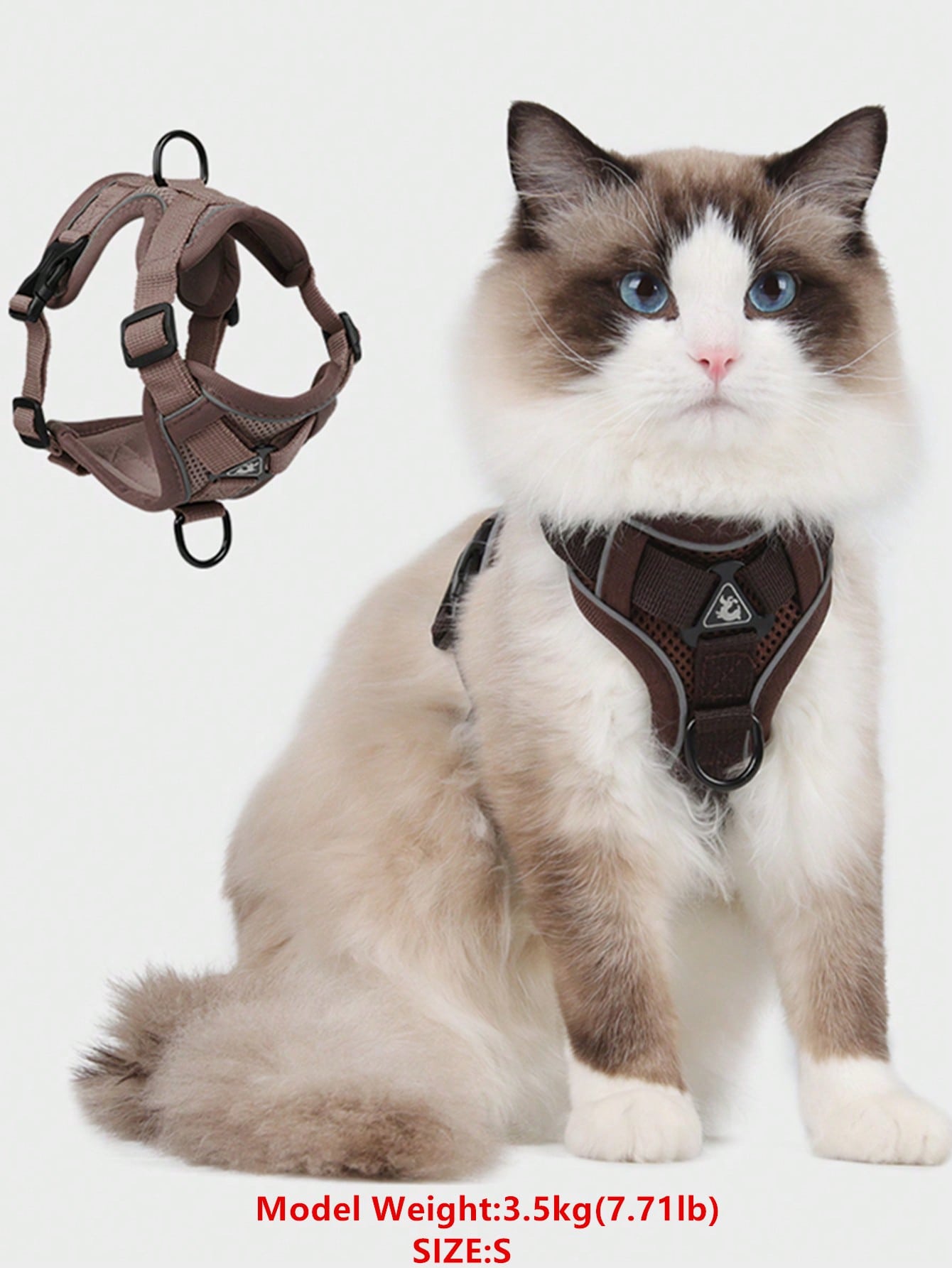 Coffee brown reflective pet harness and leash set for cat or dog with adjustable escape-proof soft mesh design