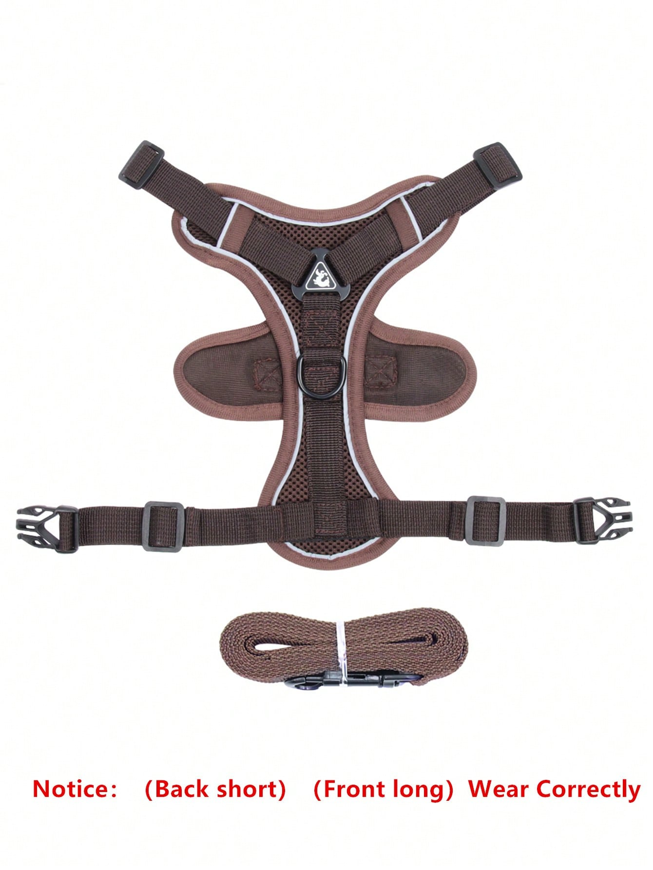 Coffee brown reflective pet harness and leash set for cat or dog with adjustable escape-proof soft mesh design