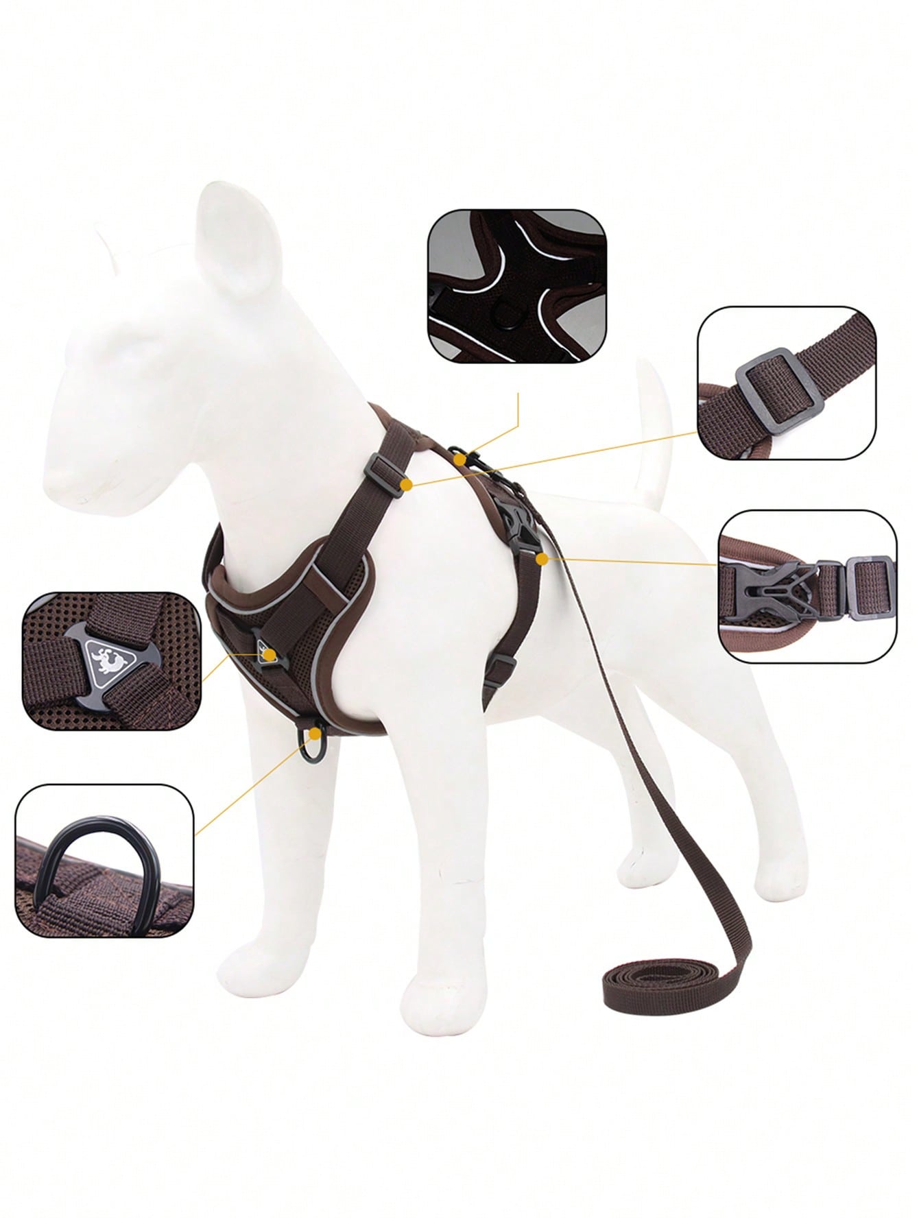 Coffee brown reflective pet harness and leash set for cat or dog with adjustable escape-proof soft mesh design