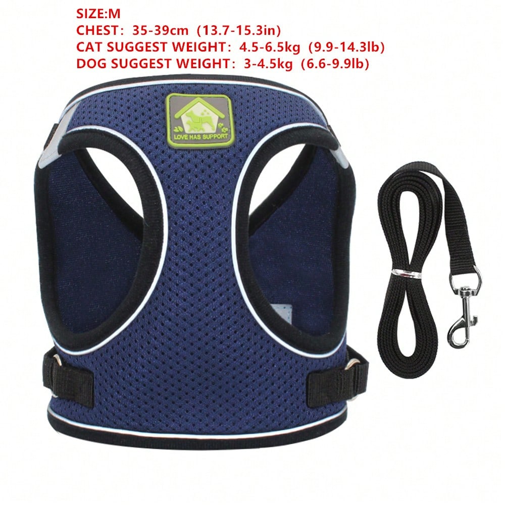 Adjustable vest-style pet harness and leash set for small and medium dogs and cats, made with breathable mesh and reflective stripes for no-pull walking.