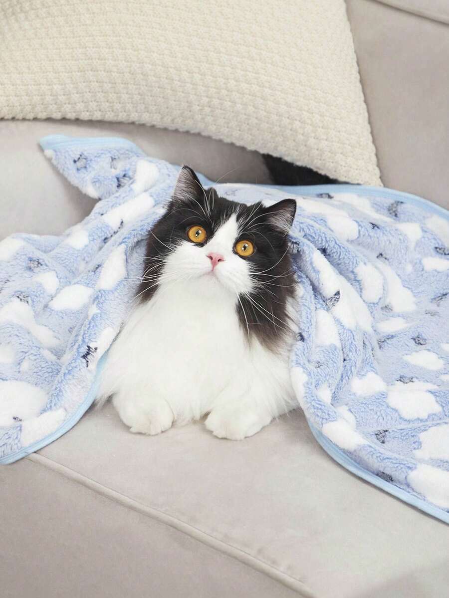 Warm plush pet blanket featuring a multicolor cartoon cat and plant print pattern, made from 100% polyester fabric for cats and dogs.