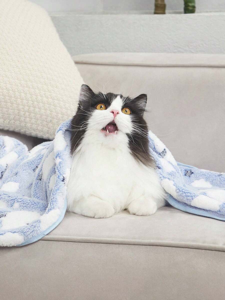 Warm plush pet blanket featuring a multicolor cartoon cat and plant print pattern, made from 100% polyester fabric for cats and dogs.