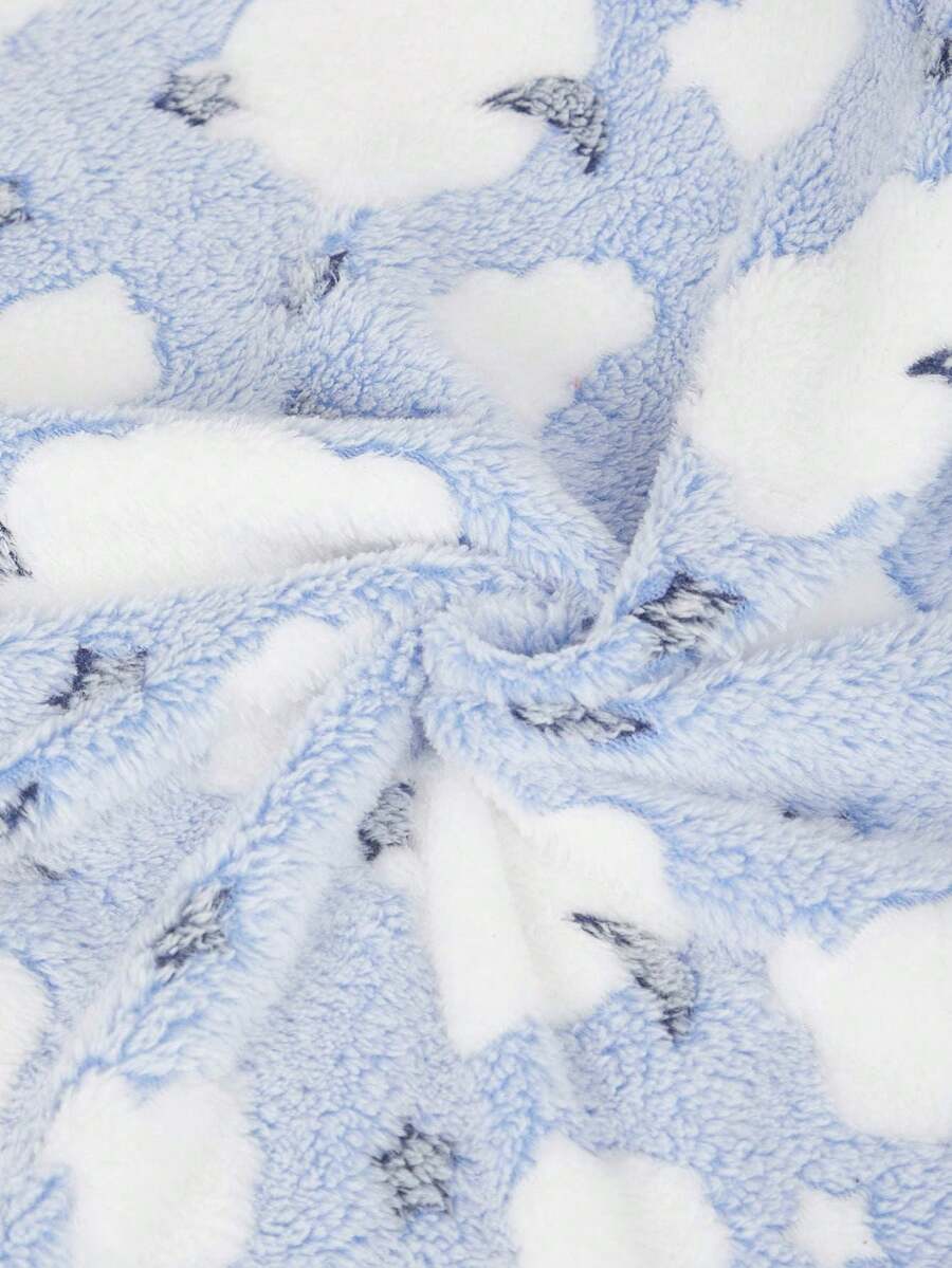 Warm plush pet blanket featuring a multicolor cartoon cat and plant print pattern, made from 100% polyester fabric for cats and dogs.