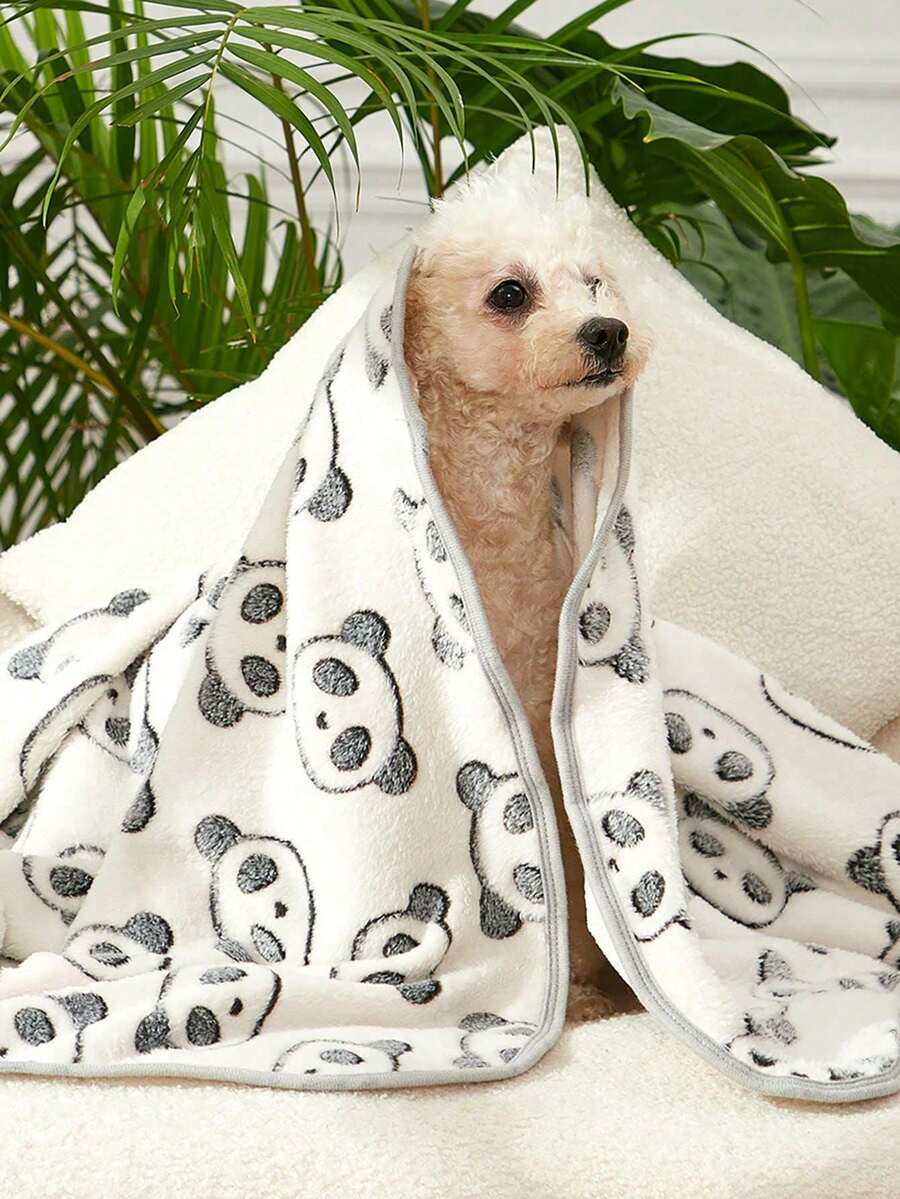Warm plush pet blanket featuring a multicolor cartoon cat and plant print pattern, made from 100% polyester fabric for cats and dogs.