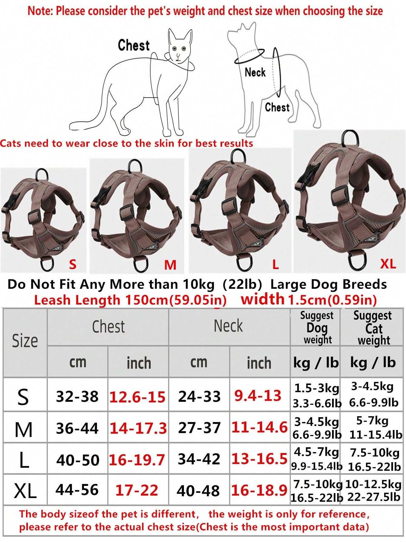 Coffee brown reflective pet harness and leash set for cat or dog with adjustable escape-proof soft mesh design