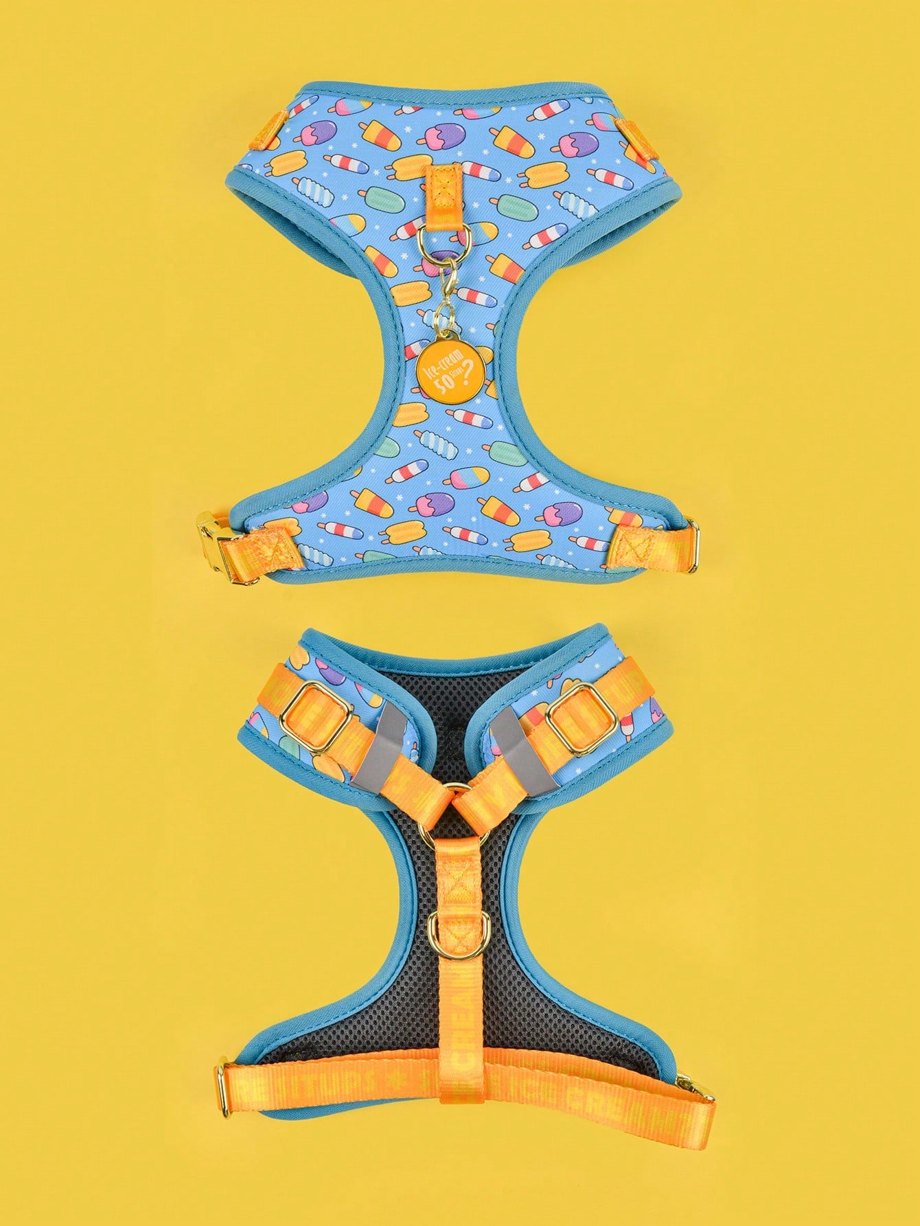 Multicolor printed dog harness with matching zinc alloy ID tag for dogs and puppies, featuring cartoon, geometric, and plant pattern styles.