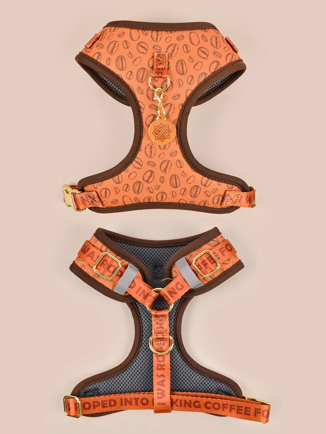 Multicolor printed dog harness with matching zinc alloy ID tag for dogs and puppies, featuring cartoon, geometric, and plant pattern styles.