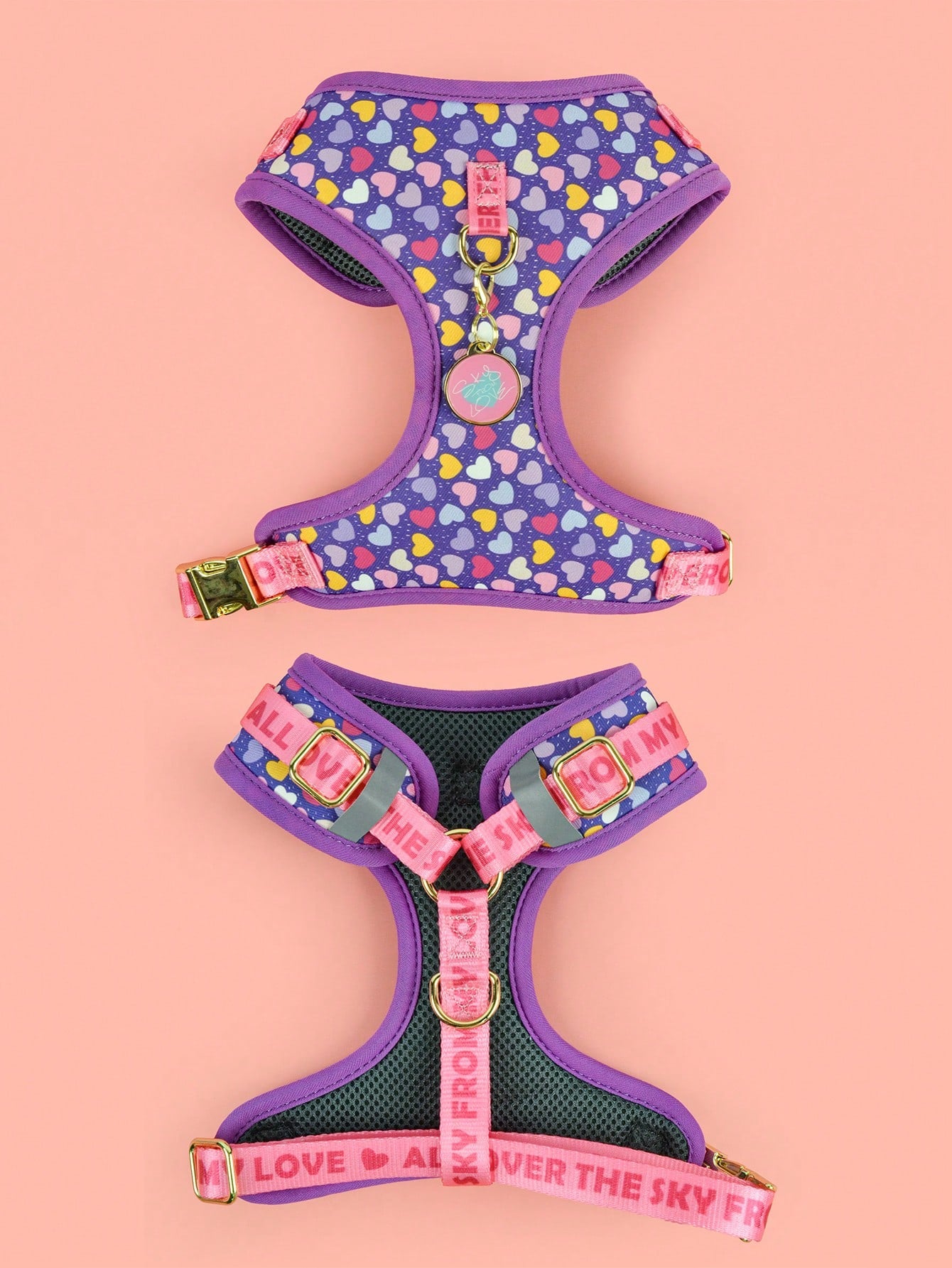 Multicolor printed dog harness with matching zinc alloy ID tag for dogs and puppies, featuring cartoon, geometric, and plant pattern styles.
