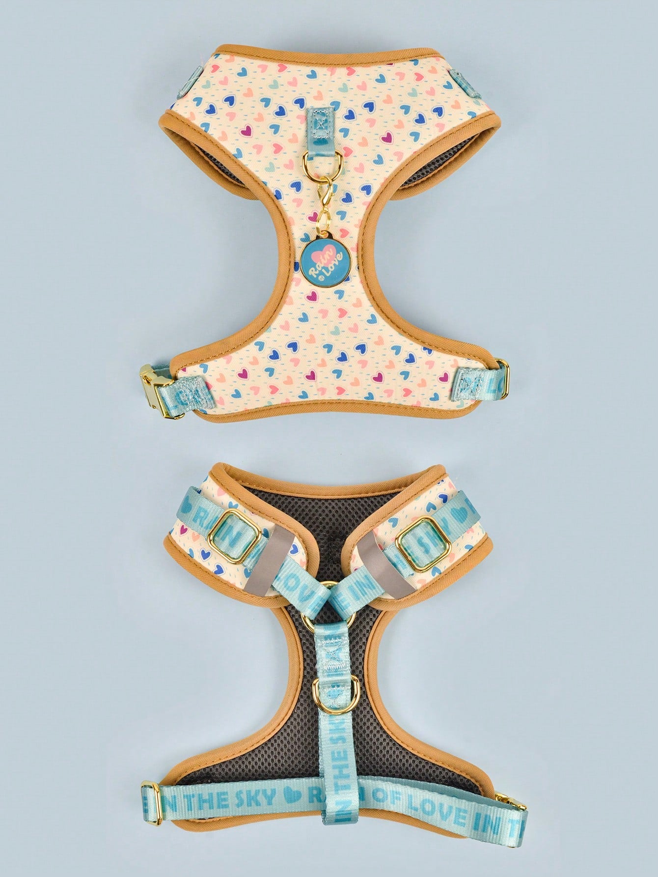 Multicolor printed dog harness with matching zinc alloy ID tag for dogs and puppies, featuring cartoon, geometric, and plant pattern styles.