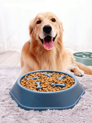 Blue bone shaped pet slow feeder bowl for dogs and cats with anti-skid and anti-choke design