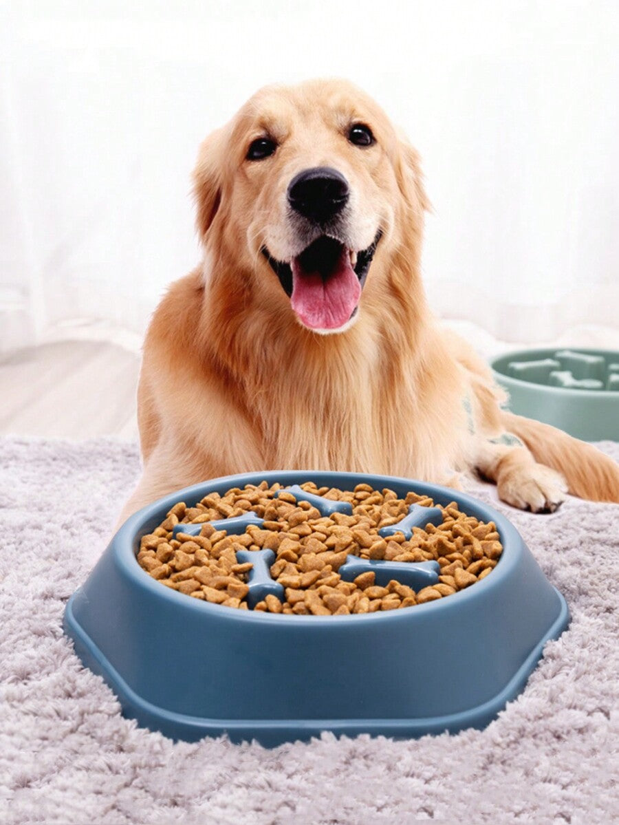 Blue bone shaped pet slow feeder bowl for dogs and cats with anti-skid and anti-choke design