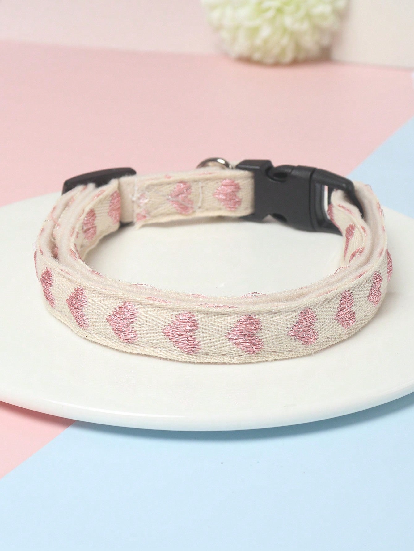 Pink heart patterned jacquard polyester pet collar for small cats and dogs