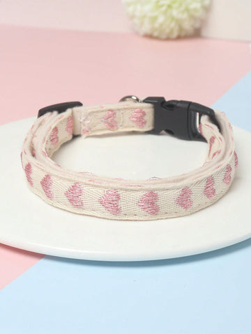 Pink heart patterned jacquard polyester pet collar for small cats and dogs